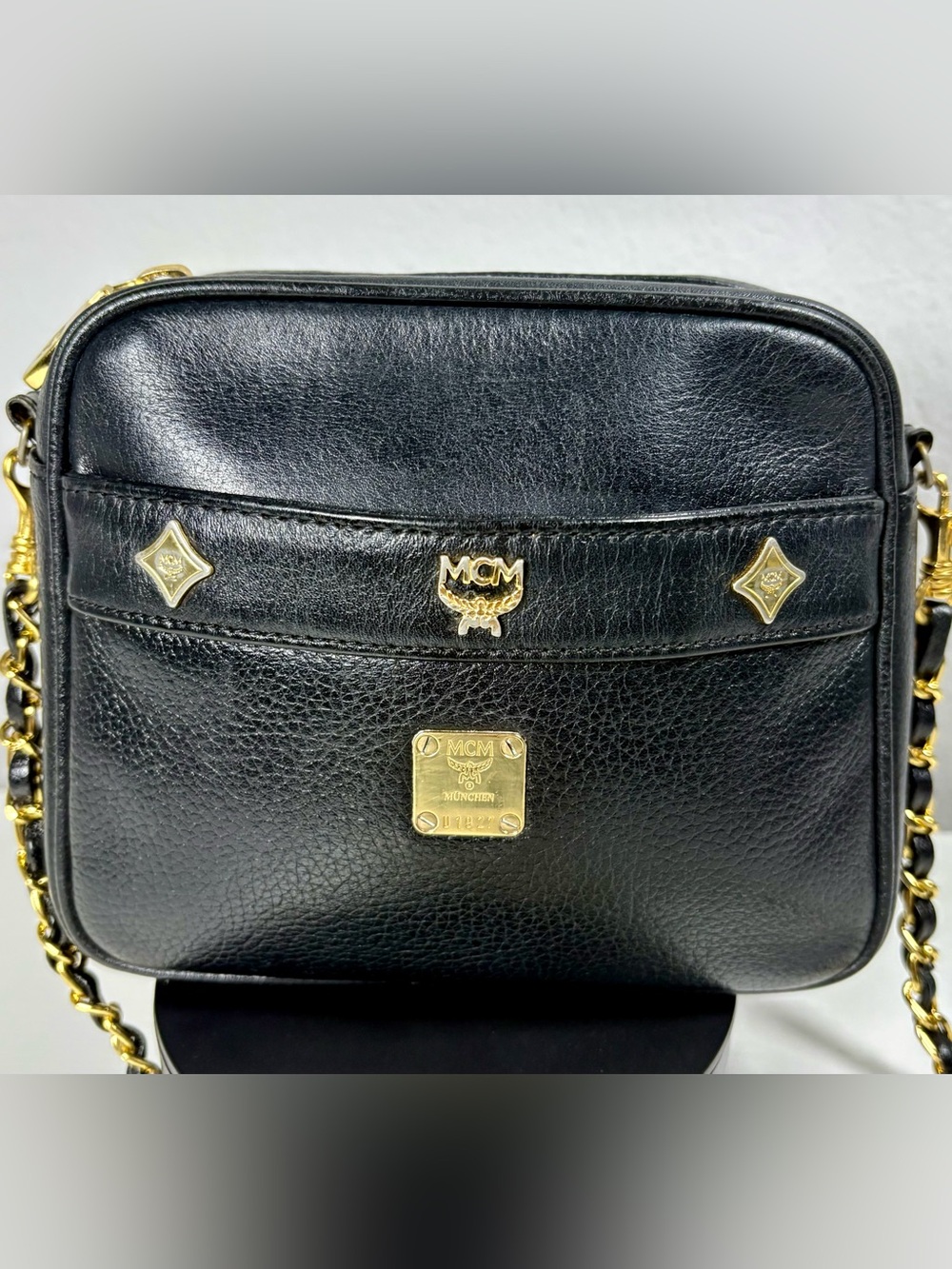 MCM Black Leather Crossbody, Gold chain strap